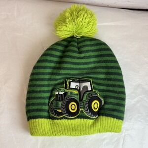 John Deere Beanie‎ Hat Toddler Tractor Patch Green Stripe Pom-Pom Fleece Lined